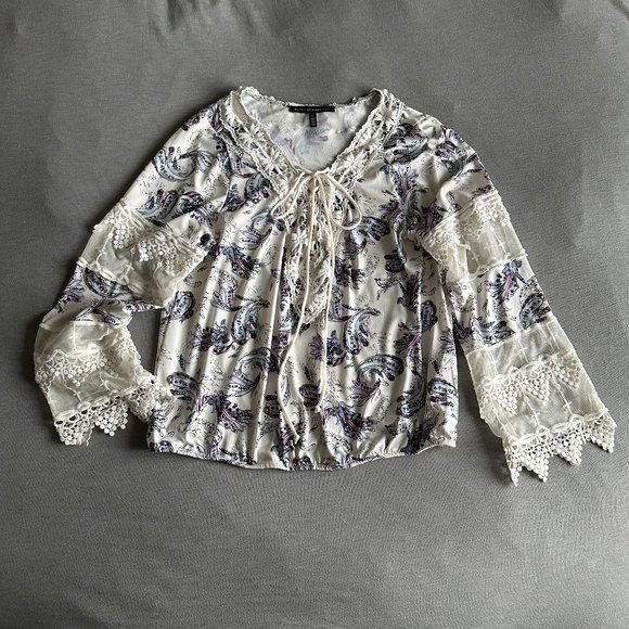 WHBM Long-Sleeve Lace-Up Floral Print Top in Abstract Paisley - Picture 2 of 6